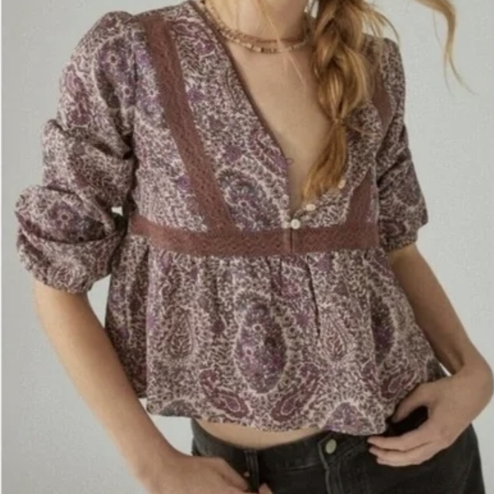 Lucky Brand Purple and Blue Floral Lace Top